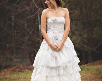 Lavender Wildflower Wedding Gown~ Embroidered Corset Wedding Gown~Handmade Vintage Lace Gown~ Woodland Meadow Wedding Dress~ Bespoke Gown