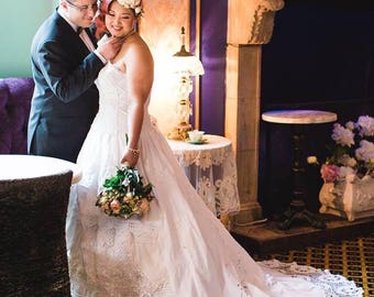 Bespoke Vintage Linen and Lace Wedding Gown with Cutwork Train