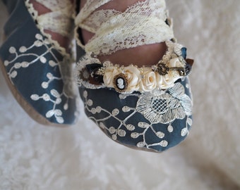 Steampunk Ballet Bridal Shoes ~ Custom Bridal Ballerina Slipper~ Green Flat Wedding Shoes~ Lace Bridal Flat Shoe