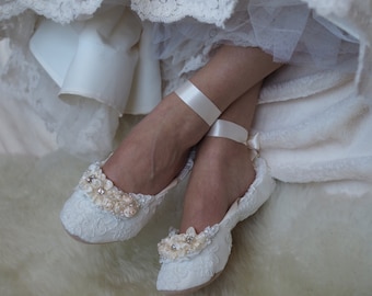 Princess Bridal Ballet Shoes, Lace Wedding Shoes with Rhinestones , Embellished Bridal Ballet Flats, Beaded Wedding Flat Shoes