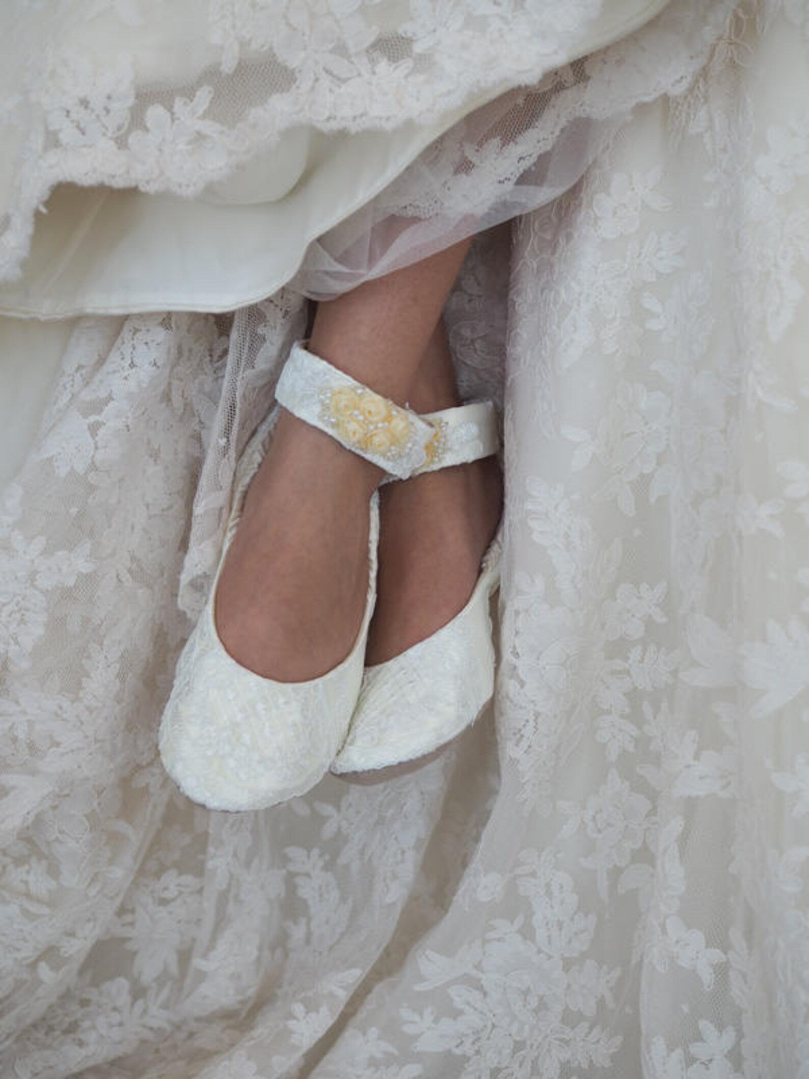 ivory lace bridal ballet shoe with ivory rosettes~ custom wedding ballet flat with embellished ankle straps~ lace ballet bridal