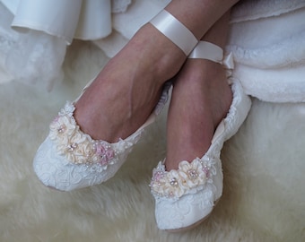 Blush Princess Bridal Ballet Shoes, Blush Pink Fancy Bridal Ballerina Slipper, Blush Pink Flat Wedding Shoes, Blush Pink Bridal Flat Shoe