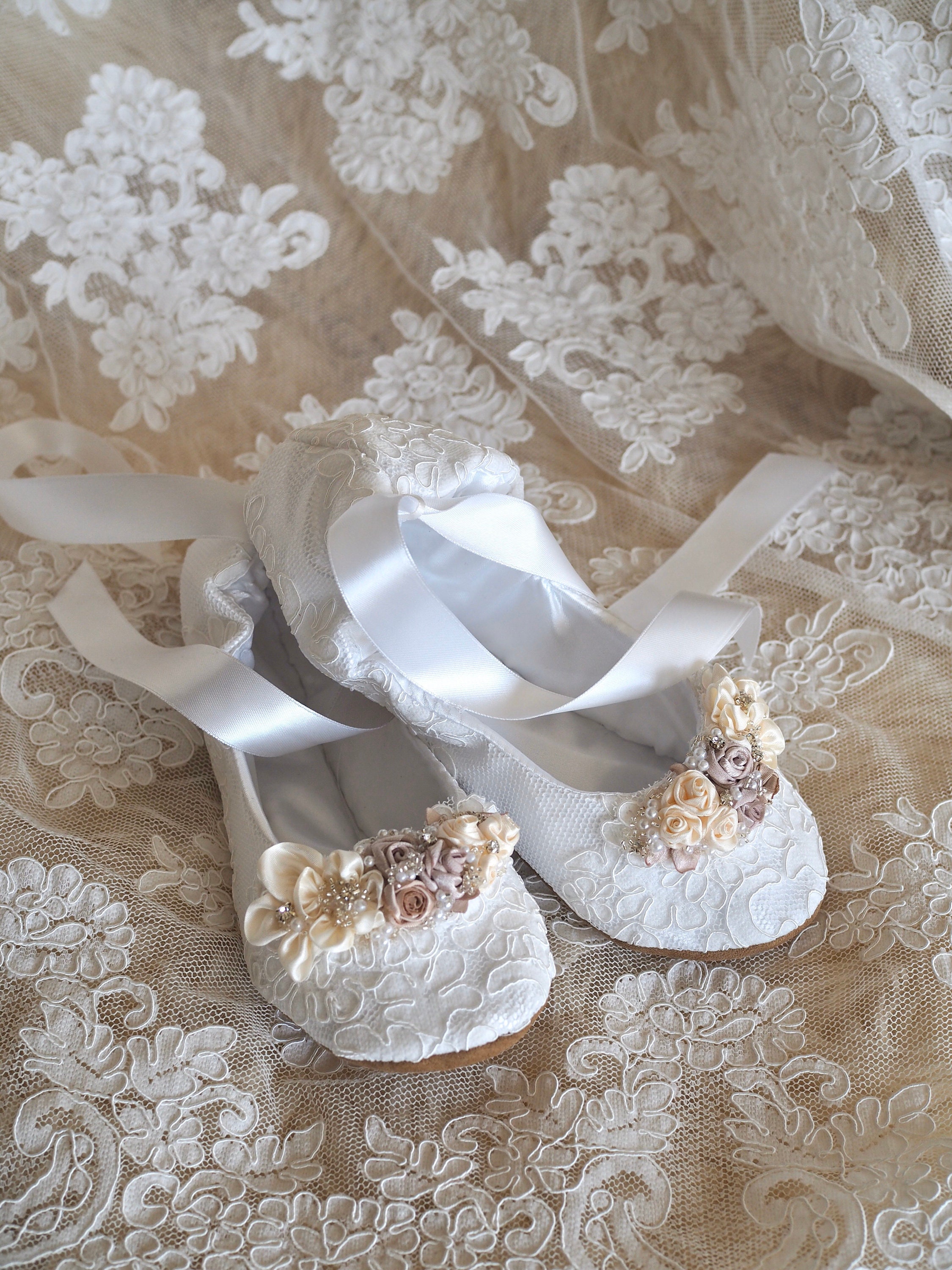 White Princess Bridal Ballet Shoes With off White Embellishments, White White Princess Bridal Ballet Shoes With off White Embellishments, White