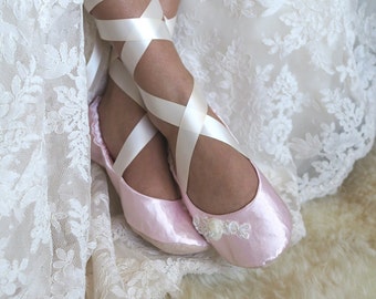 Blush Pink Ballerina Bridal Slipper,  Pink Ballet Wedding Slipper,  Ballerina Style Flat Wedding Shoe