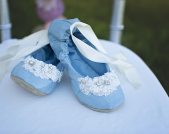 Something Blue Raw Silk Princess Ballerina Bridal Slipper~ Royal Blue Blood Princess Ballet Wedding Shoe~Lace Ballet Wedding Flat Shoe