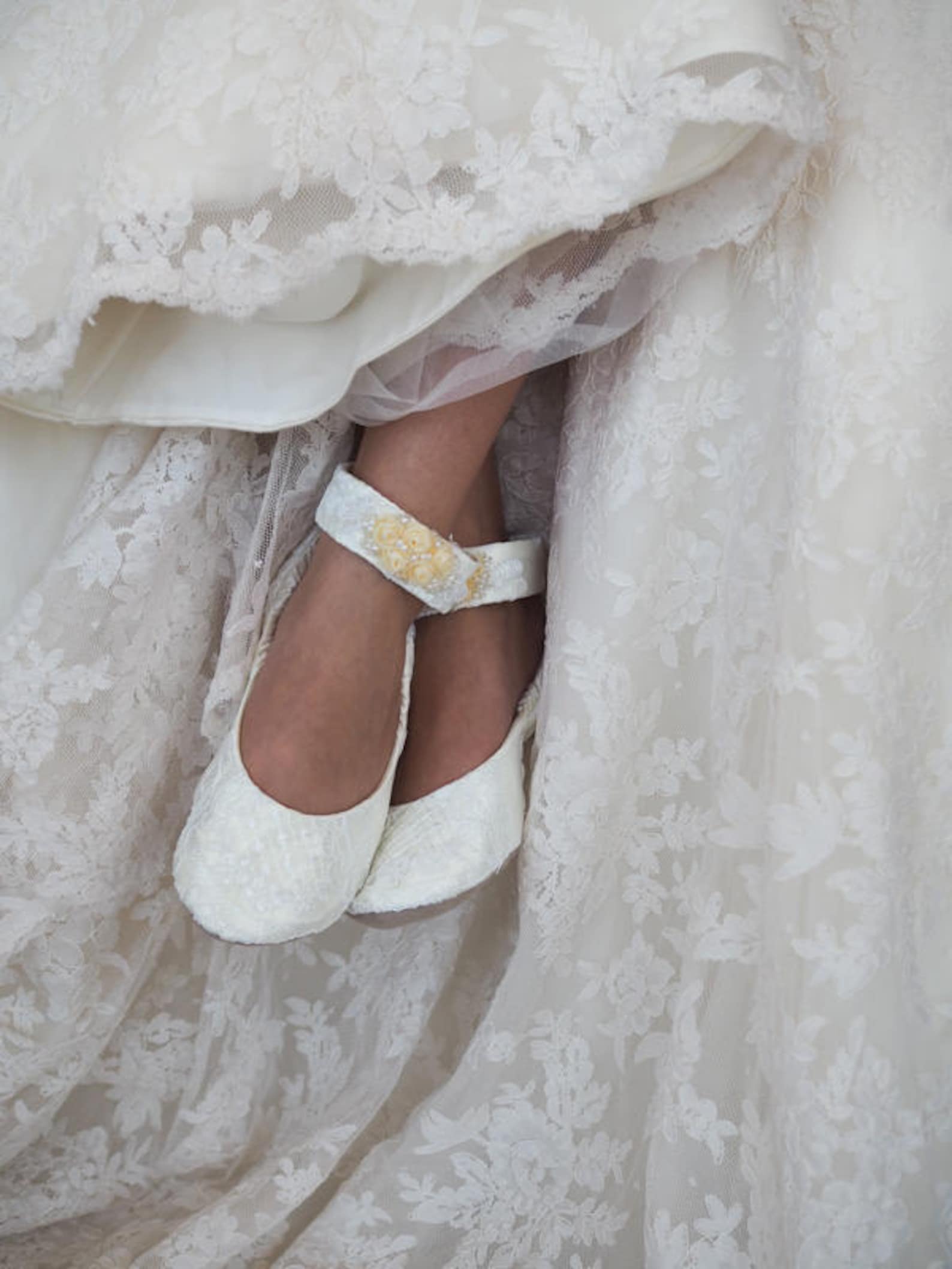 ivory lace bridal ballet shoe with ivory rosettes~ custom wedding ballet flat with embellished ankle straps~ lace ballet bridal