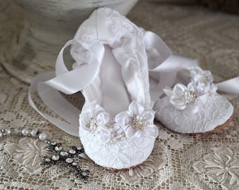 White Lace First Communion Princess Ballerina Slipper ~ First Communion Satin Ballet Shoe ~ Princess Flower Girl Ballet Flat