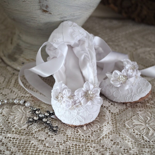 White Lace First Communion Princess Ballerina Slipper ~ First Communion Satin Ballet Shoe ~ Princess Flower Girl Ballet Flat