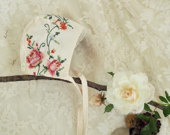 Wild Rose Embroidered Linen Baby Bonnet ~ Vintage Embroidered Linen Baby Bonnet ~ Special Occasion Embroidered Bonnet ~ Ready to Ship