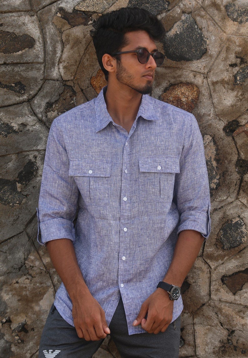 Men Linen Beach Boho Wedding Shirt Double Breast Pocket Many Etsy