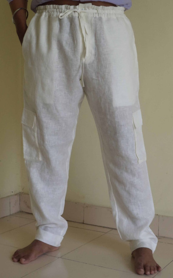 Mens Linen Beach Drawstring Cargo Pants in Narrow leg Trouser