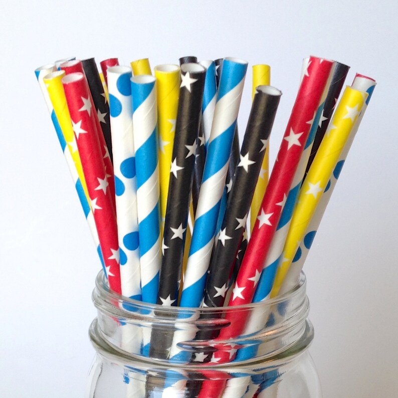 Red Blue Yellow /& Black multipack of Straws MAX Superhero Party Straws for Boy Birthday Party