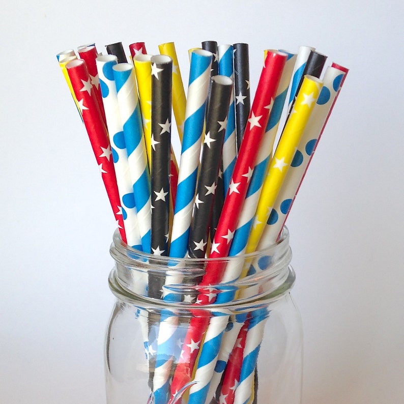 Red Blue Yellow /& Black multipack of Straws MAX Superhero Party Straws for Boy Birthday Party