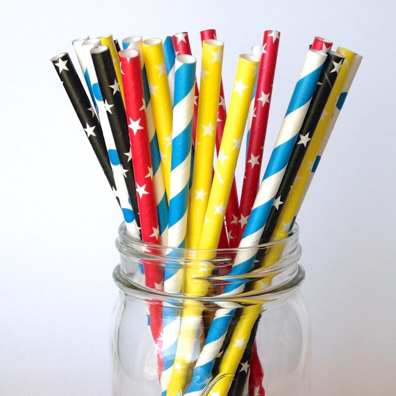 Red Blue Yellow /& Black multipack of Straws MAX Superhero Party Straws for Boy Birthday Party