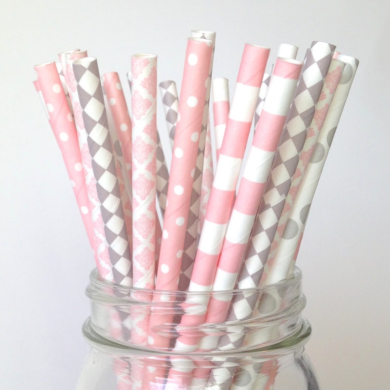 Pink Gray Straws Pink Gray Baby Shower Straws Pink Grey Party Etsy