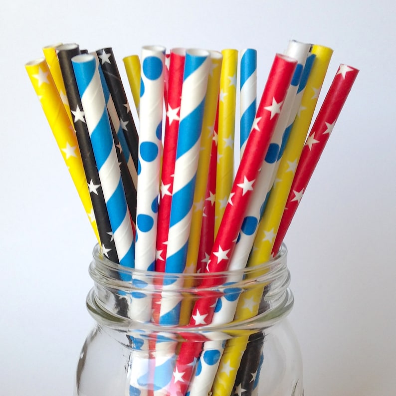 Red Blue Yellow /& Black multipack of Straws MAX Superhero Party Straws for Boy Birthday Party
