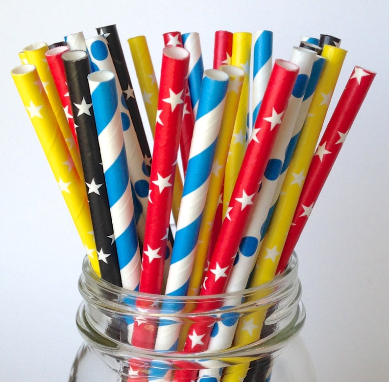 Red Blue Yellow /& Black multipack of Straws MAX Superhero Party Straws for Boy Birthday Party