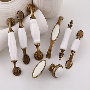 3" 3.8" 5" White Ceramic Handle, Retro Wardrobe Pull, Antique Brass Drawer Pulls, Ceramic Dresser Knob, Pastoralism Cabinet Hardwares V145