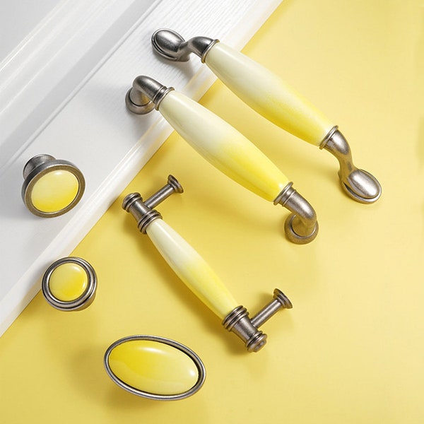 3.8"5" Gradient Yellow Series Cabinet Handle, Drawer Pull, Ceramic Wardrobe Knob, Yellow Dresser Pull, Children Room Furniture Hardware V217