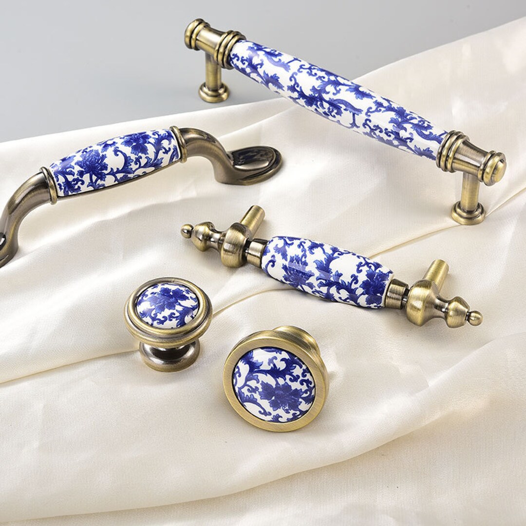 3 3.8 5 Blue and White Ceramic Pull Handles, Ceramic Wardrobe