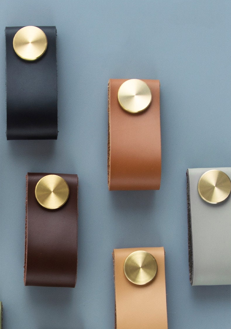 Single Hole Leather Knob Cowhide Brass Drawer Knob Etsy