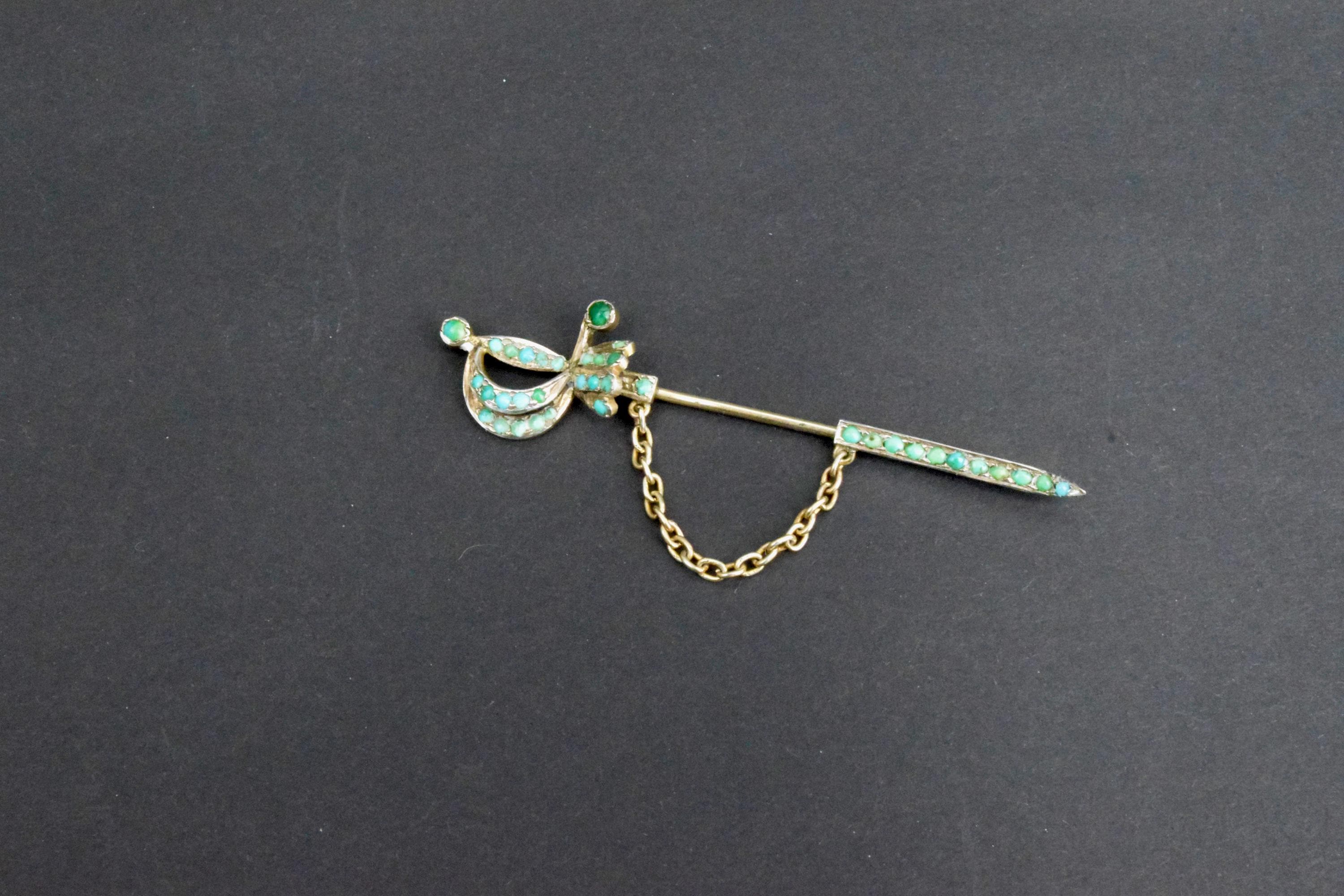 Broche de jabot con forma de espada de turquesa auténtica en plata vermeil victoriana