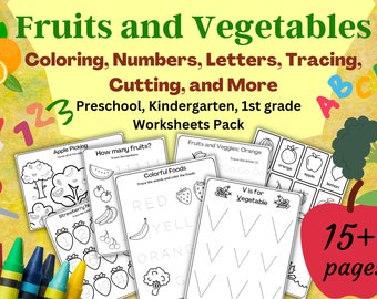 Fruit and Vegetable worksheets pack for preschool, kindergarten, 1st grade - numbers, letters, spelling, vocabulary