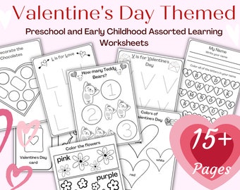 Valentine's Day Preschool Worksheets Bundle, Coloring Pages (Digital Download)