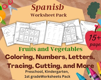 Spanish worksheets for kids, Fruits and Vegetables - numbers, letters, spelling, vocabulary, cut and paste
