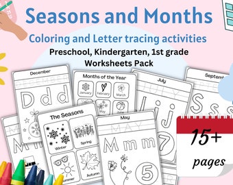 Months, Seasons activity worksheets for preschool - numbers, letters, spelling, vocabulary - printables for kids
