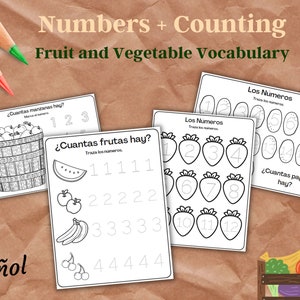 May include: Black and white printable worksheets for learning Spanish numbers and counting. The worksheets feature images of fruits and vegetables, such as apples, bananas, watermelons, strawberries, and potatoes. The text on the worksheets includes the Spanish words for "how many" and "numbers".