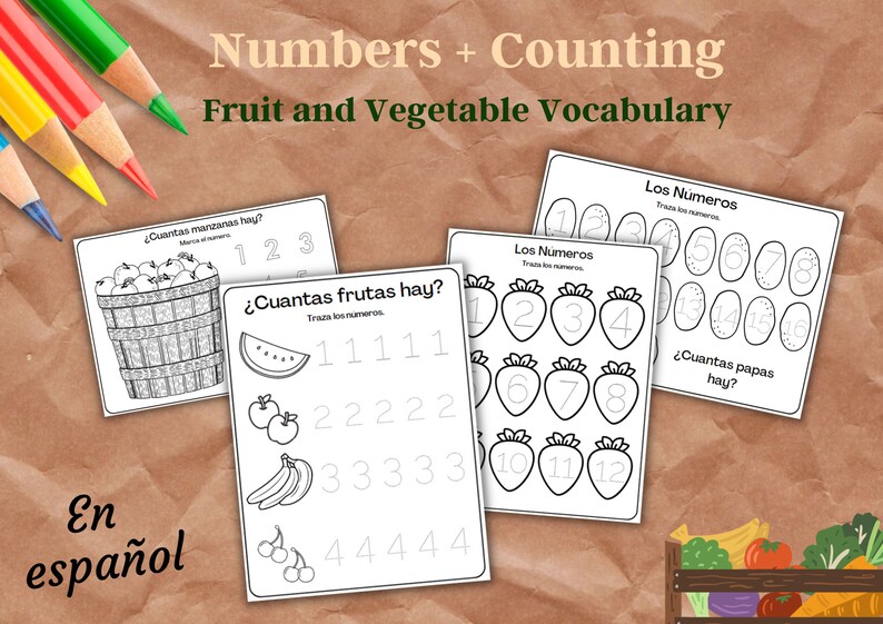 May include: Black and white printable worksheets for learning Spanish numbers and counting. The worksheets feature images of fruits and vegetables, such as apples, bananas, watermelons, strawberries, and potatoes. The text on the worksheets includes the Spanish words for "how many" and "numbers".