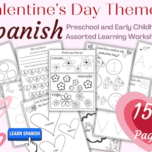 Jeu de feuilles d'exercices en espagnol pour la Saint-Valentin, pages à colorier, chiffres, couleurs, lettres pour enfants - Imprimable
