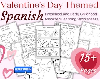 Spanish Valentine's Day Worksheets, Preschool Learning Bundle (Printable)