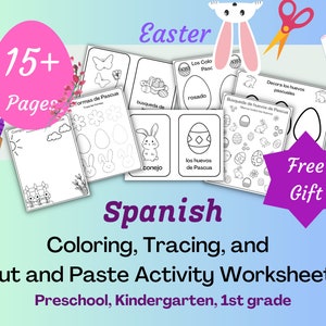 Peut inclure: Un ensemble de plus de 15 feuilles d'activités d'Easter imprimables en espagnol pour la maternelle, le jardin d'enfants et la 1ère année. Les feuilles d'activités présentent des activités de coloriage, de traçage et de découpage et collage sur le thème d'Easter. Les feuilles d'activités comprennent des images de lapins, d'œufs et d'autres symboles d'Easter.