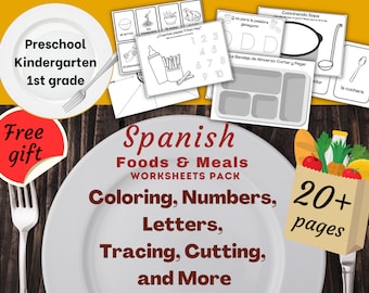 Spanish worksheets for kids, Foods and Meals - numbers, letters, spelling, vocabulary, cut and paste