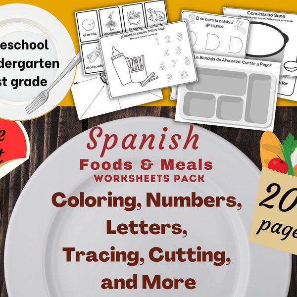 Spanish worksheets for kids, Foods and Meals - numbers, letters, spelling, vocabulary, cut and paste