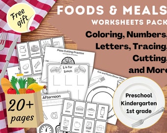 Food worksheets for kids, Foods and Meals - numbers, letters, spelling, vocabulary, cut and paste