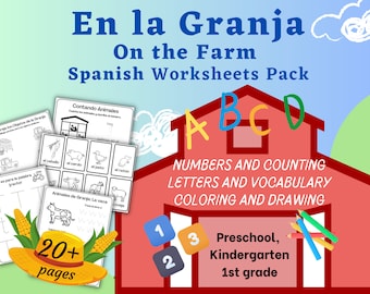 Spanish worksheets, On the Farm activity pack for kids - numbers, letters, spelling, vocabulary and more