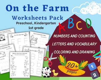 Preschool worksheets, On the Farm activity pack for kids - numbers, letters, spelling, vocabulary and more
