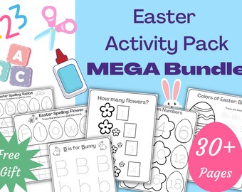 Easter Worksheets Bundle - Handwriting practice, Easter coloring page, numbers, counting, letters, cut and paste