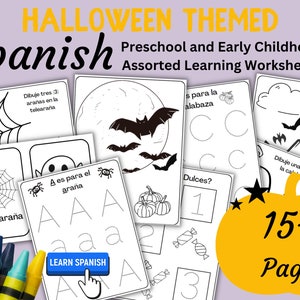 Halloween Spanish worksheets bundle - Coloring pages, colors, number tracing, letter tracing, activity worksheets - printable