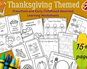 Thanksgiving Learning Worksheets, Coloring Pages, Flashcards (Digital Download)
