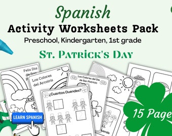 Preschool activity pack in Spanish, St. Patrick's Day printable worksheets and coloring pages