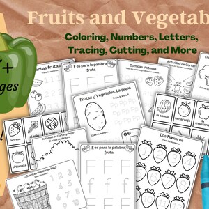 May include: Black and white printable worksheets for children featuring fruits and vegetables. The worksheets include activities such as colouring, tracing letters, counting, and cutting. The title of the worksheets is "Fruits and Vegetables" and the text "15+ pages" and "En espa&ntilde;ol" is also visible. Crayons are visible in the bottom right corner of the image.