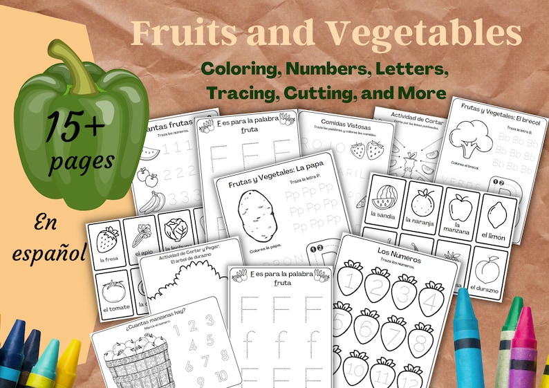 May include: Black and white printable worksheets for children featuring fruits and vegetables. The worksheets include activities such as colouring, tracing letters, counting, and cutting. The title of the worksheets is "Fruits and Vegetables" and the text "15+ pages" and "En espa&ntilde;ol" is also visible. Crayons are visible in the bottom right corner of the image.
