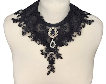 Black, gothic necklaces, neck corset, lace guipure, brooch, Vampire, Elegant, Burlesque, festivals