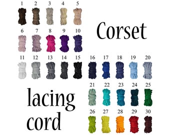 Puede incluir: Treinta colores diferentes de cordón de algodón encerado, etiquetados del 1 al 30. El cordón está dispuesto en filas de cinco, con el texto "Corset lacing cord" debajo de la imagen.