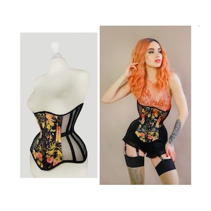 Black yellow gold blossom jacquard lace mesh sheer steel bones waist training tightlacing underbust heavy duty corset body shaper