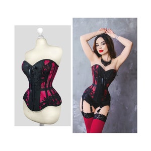 Black pink fuxia raspberry lace guipure mesh sheer stee tightlacing steel bones waist training overbust corset